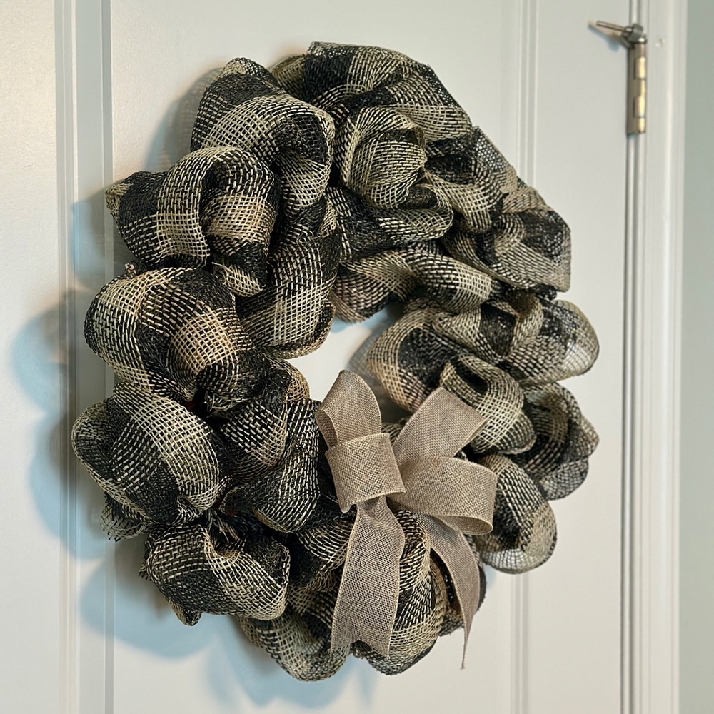 Rustic Handmade Fall Farmhouse Wreath, Black & Tan Buffalo Check with Burlap Bow - Picture 4 of 6